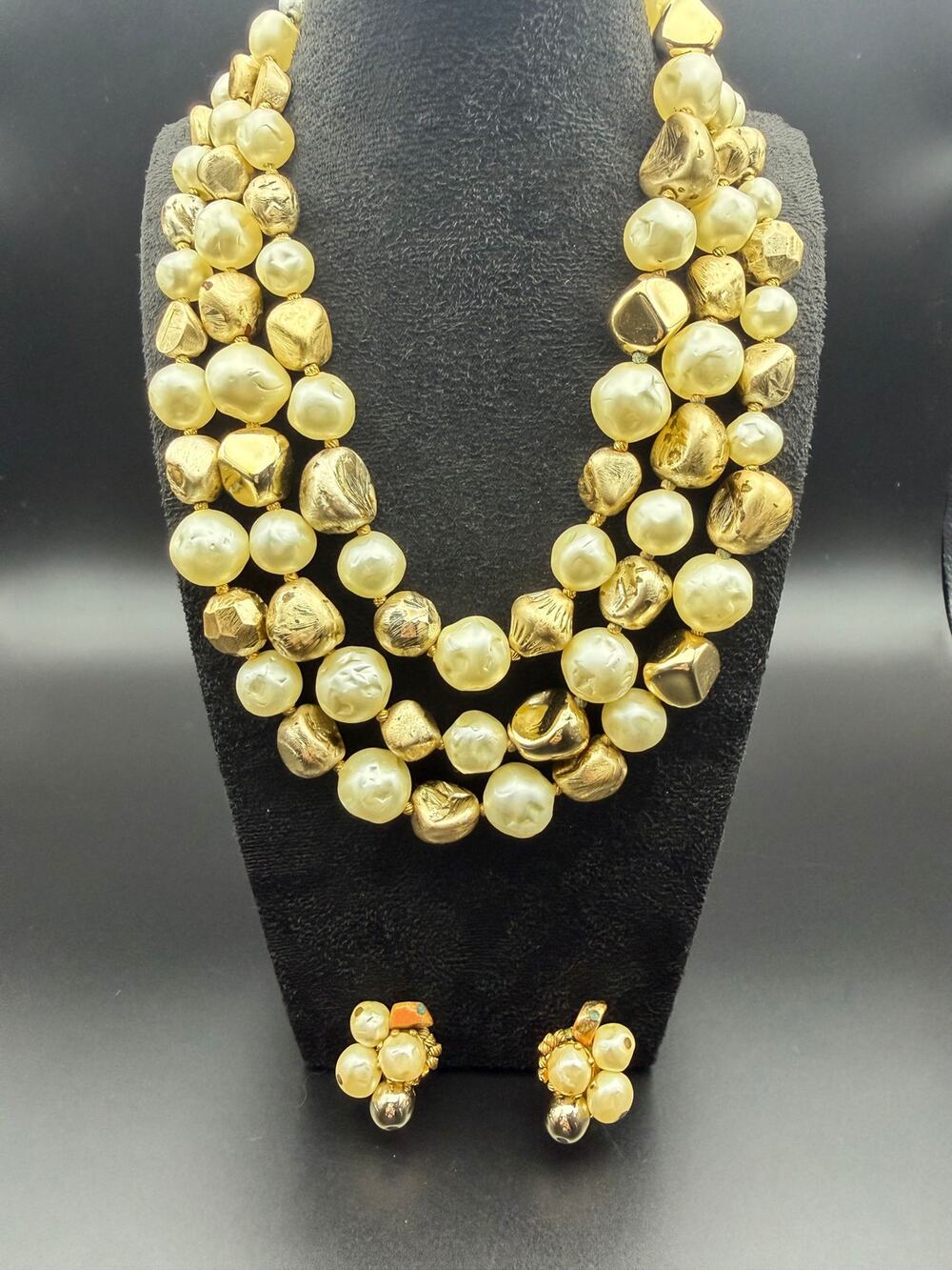 Vintage Carnegie Signed Faux Baroque Pearls 3 Strand Necklace and Earrings Set